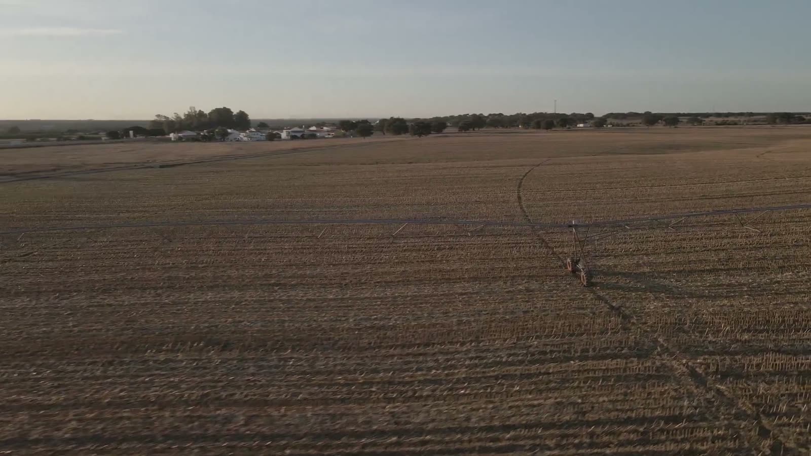 Aerial view of drill rows across a harvested paddock at dusk